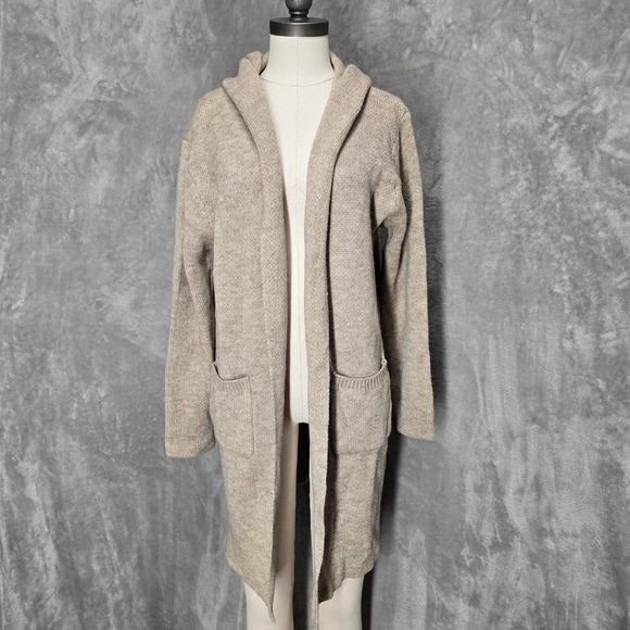 Zenana Womens Cardigan Sweater Duster Knit Hoodie Pockets Beige Size Medium - Picture 1 of 12
